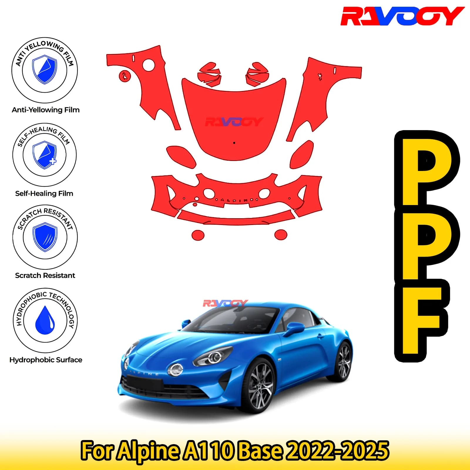 Pour Alpine A110 Base 2022-2026 Kit PPF avant prédécoupé noir brillant mat Film de protection de pei