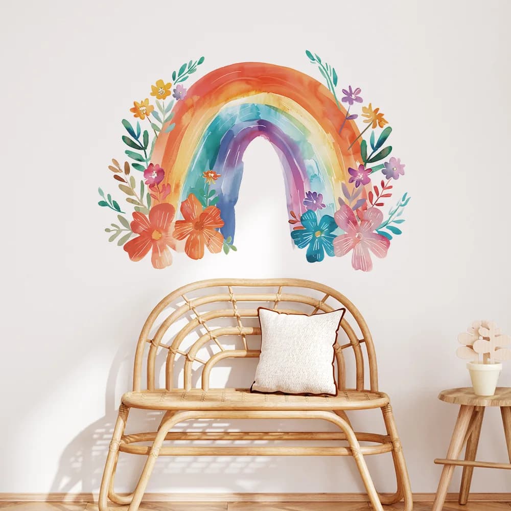 Autocollant mural arc-en-ciel avec feuilles et fleurs colorées, décoration de fond de chambre d'enfa