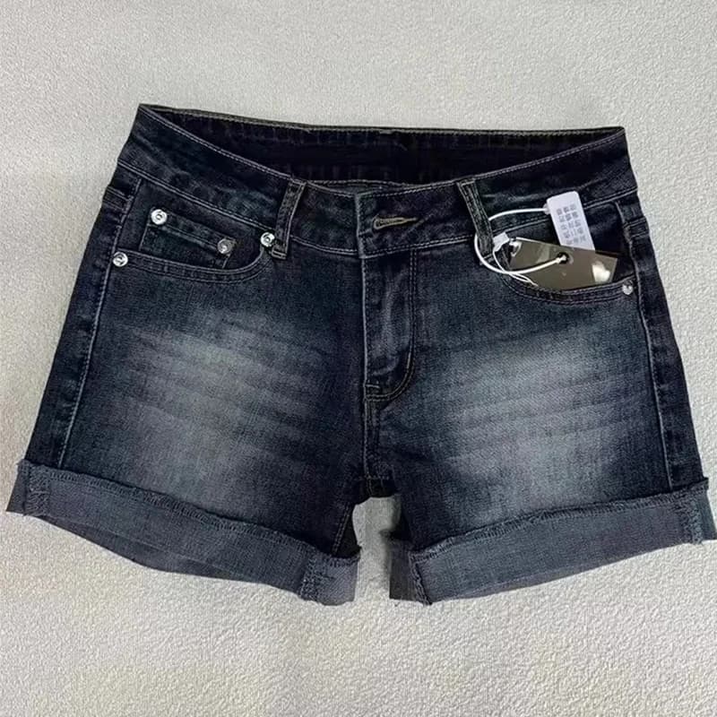 Rétro retrousser ourlet bleu profond Denim Shorts femmes été Sexy taille basse hanche couvrant panta