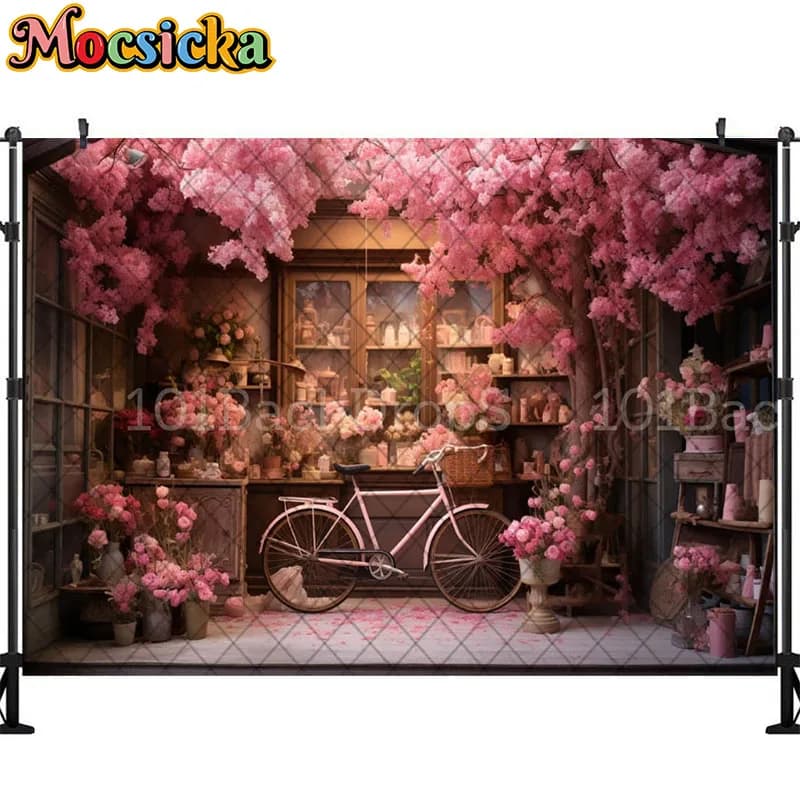 Fond de photographie de printemps, fond de magasin de fleurs roses, décoration de vélo, portrait de 