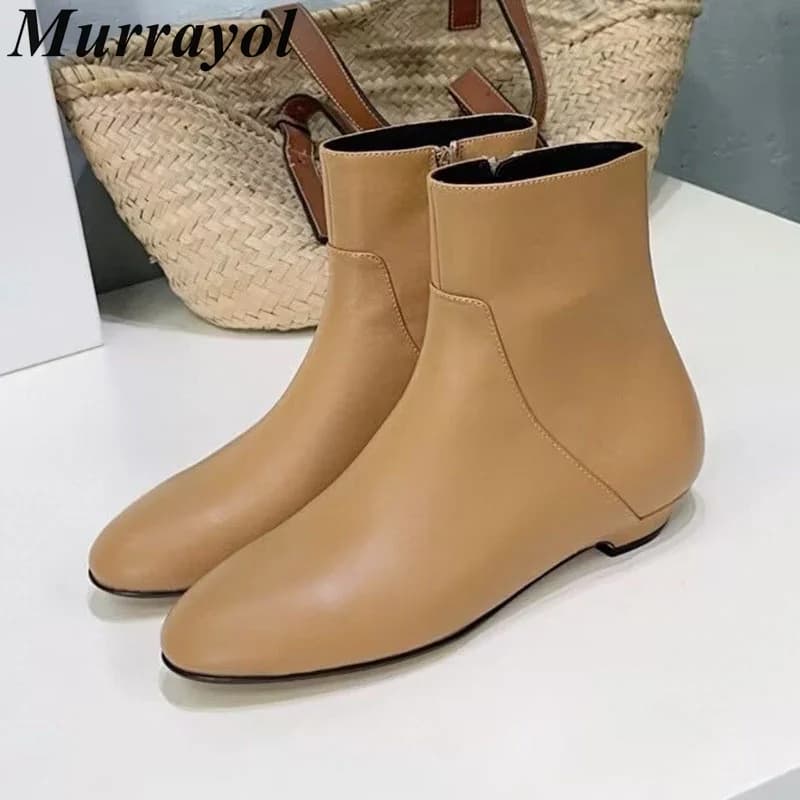 Femmes talon bas bottes courtes en cuir véritable bout rond fermeture éclair conception cheville Bot