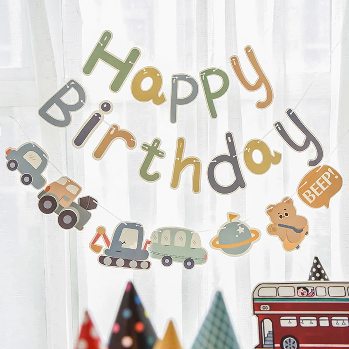 Ours voiture tirer drapeau bannière décoration enfants dessin animé fête d'anniversaire premier anniversaire de bébé fond mur scène disposition