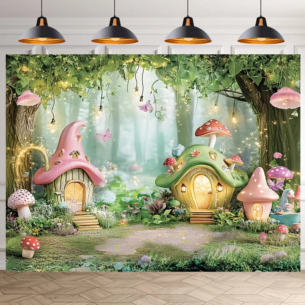 Ensemble de 1 fond de salle de champignons de forêt magique, arrière-plan de photographie en fibre de polyester