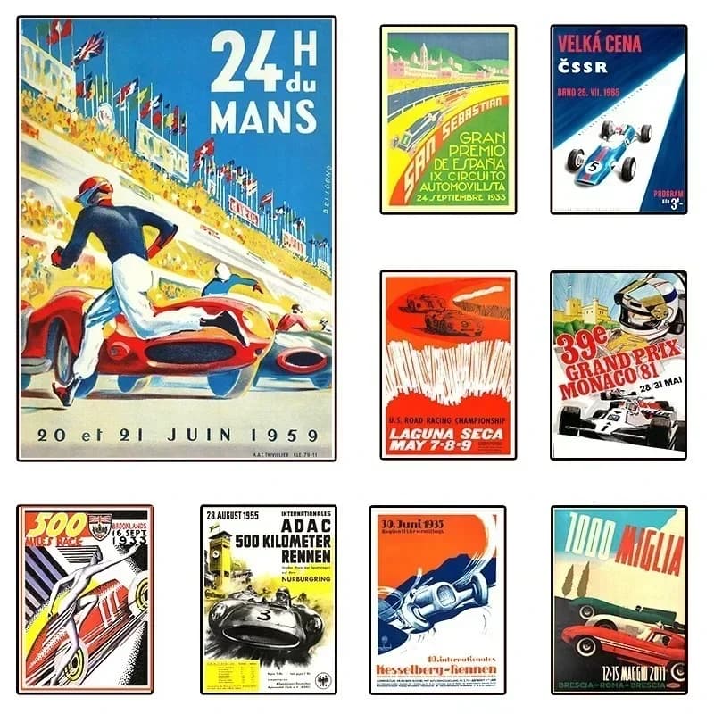 Peinture Diamant Vintage F1 Formule Grand Circuit Édition Voiture de Course Poster F1 24H Heures du Mans Art Mural Décoration Esthétique Chambre