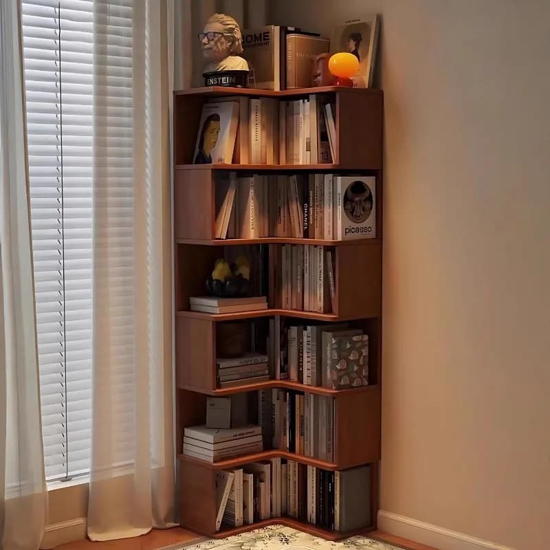 Bibliothèque intégrée contre le mur, étagère d'angle triangulaire, armoire étroite, casier de rangement domestique, bibliothèque d'angle