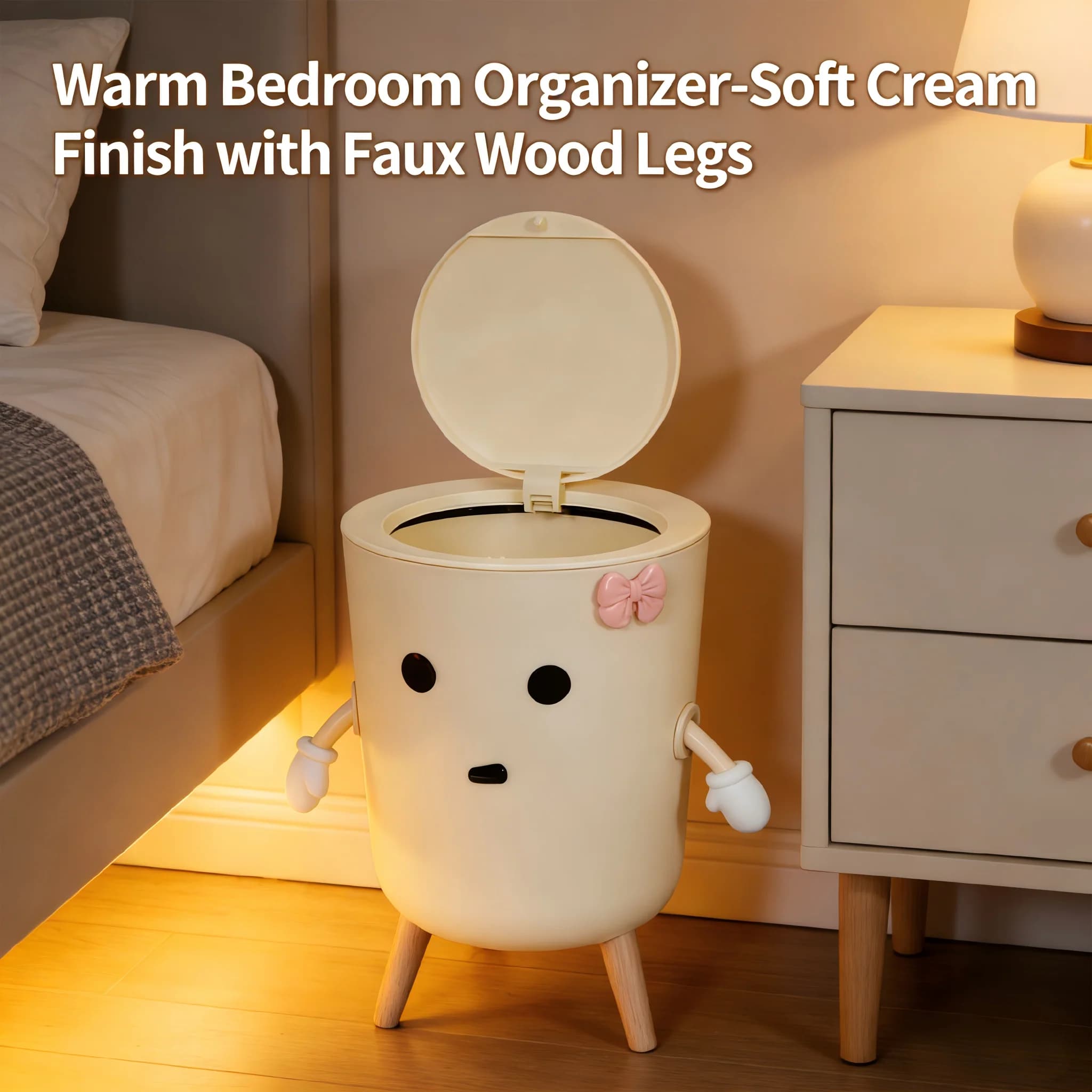 Poubelle mignonne de style dessin animé avec couvercle rabattable, corbeille à déchets esthétique blanc crème avec pieds en faux bois, petite poubelle décorative pour B