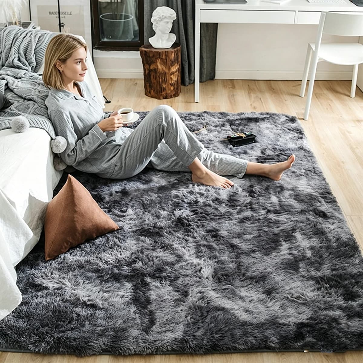 Tapis gris pour salon, en peluche, pour chambre à coucher, moelleux, antidérapant, décoration de maison, en velours doux, couverture pour chambre d'enfants