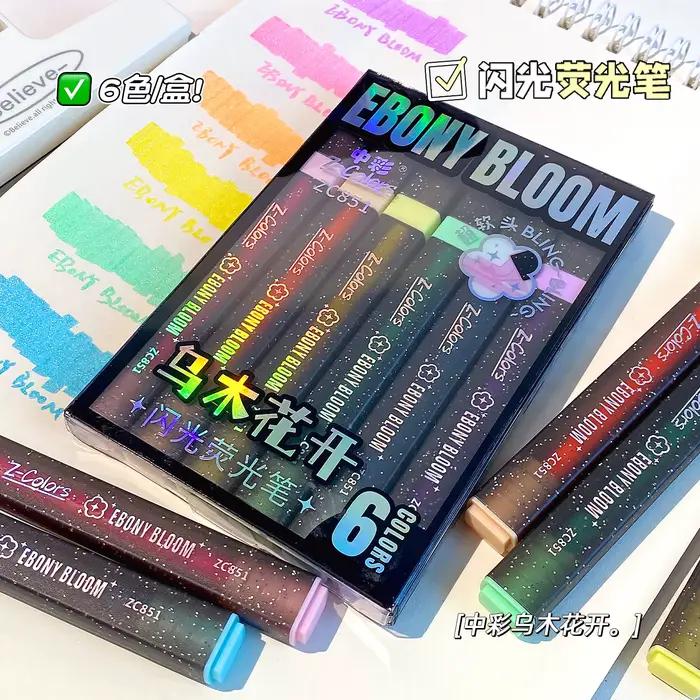 Stylos surligneurs brillants, 6 couleurs, fournitures de papeterie Kawaii, accessoires de rentrée sc