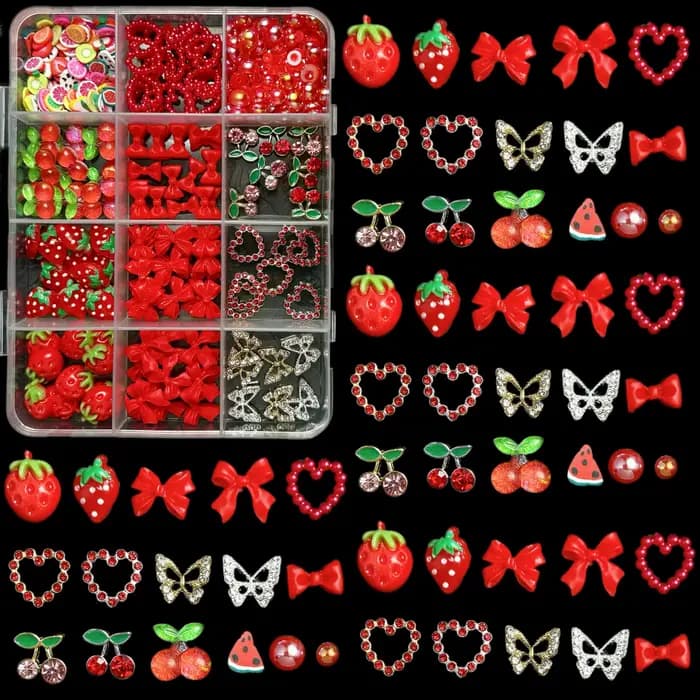 Breloques 3D cerise rouge/fraise/arc pour Nail Art, 12 grilles, alliage papillon/amour/ruban Y2K, dé
