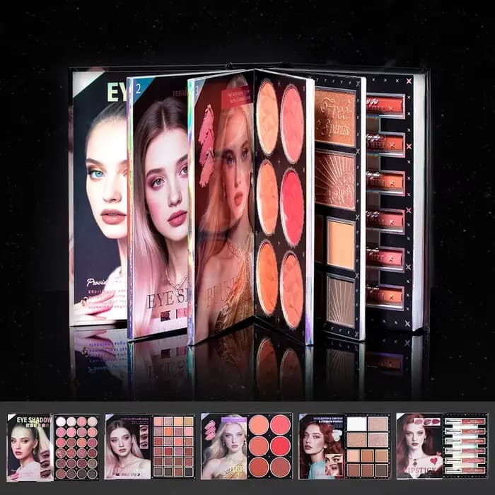 livre magique de maquillage, y compris ombre à paupières, brillant à lèvres, fard à joues en poudre,