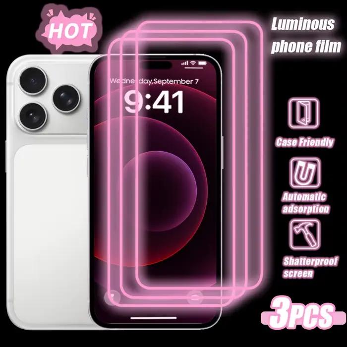 NNBILI Lot de 3 protections d'écran HD rose phosphorescentes pour iPhone 17 16 15 14 13 12 11 Pro Ma