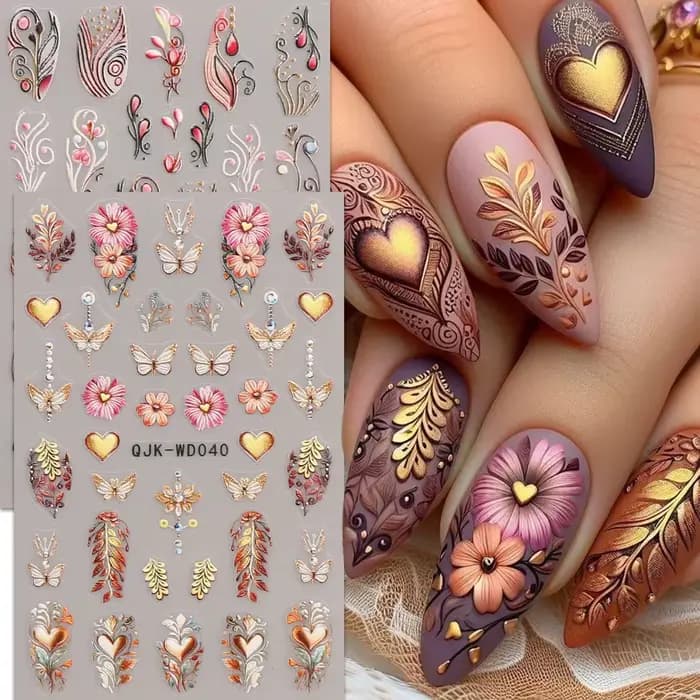 Autocollants pour nail art en relief à motif bohème, thème nostalgique rétro, décoration d'ongles fa