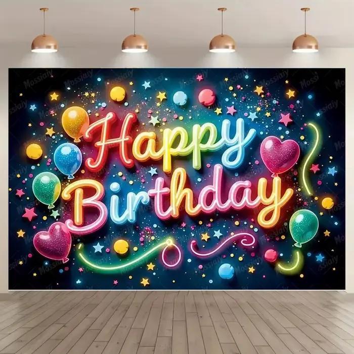 Bannière d'arrière-plan Joyeux Anniversaire à Effet Scintillant, Thème Néon, Décoration de Fête Dans