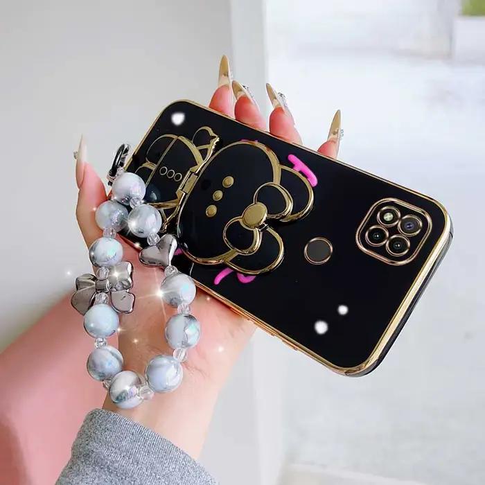 3 pièces (coque de téléphone à fleurs mignonnes + cordon + support lapin) pour Redmi 9i/9 Prime/9AT/