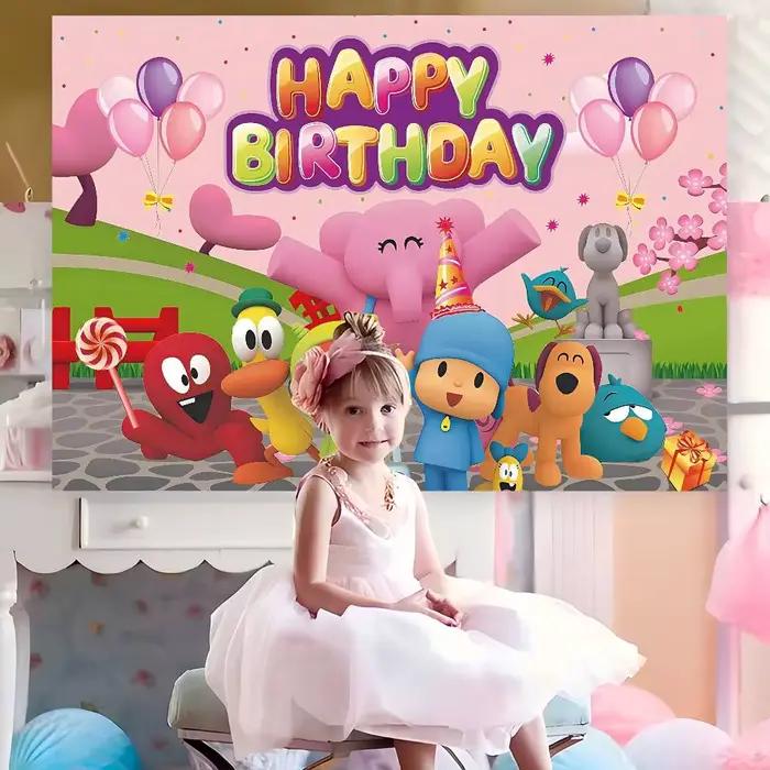 Toile de fond de Noël sur le thème de Pocoyo, avec fenêtre et cheminée, pour studio photo