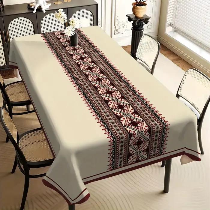 Nappe à motif géométrique ethnique sur fond beige, housse de table imperméable en polyester pour la