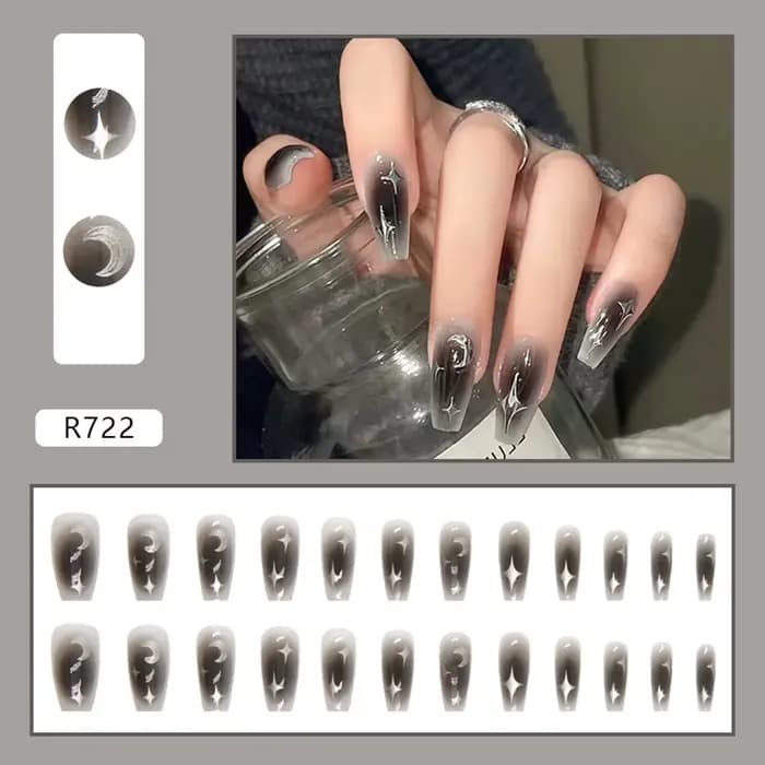 Faux ongles noirs dégradés à couverture complète pour filles cool, faux ongles cercueil mi-longs, mo