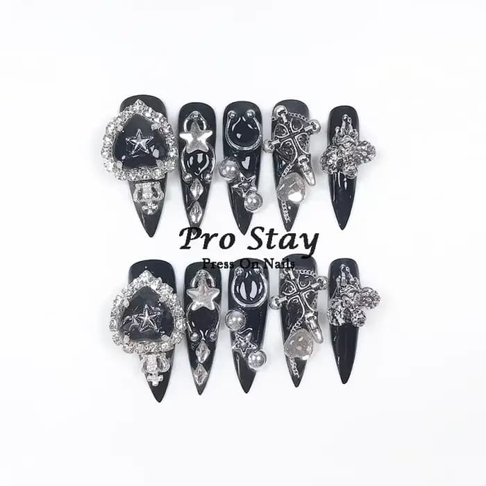 Faux ongles artificiels noirs foncés Y2k, faits à la main, à pression, doux et frais, avec diamant,