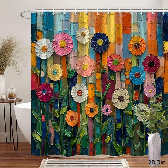 Rideau de douche/bain 1 pièce, motif floral folklorique, fleurs multicolores ludiques, pétales rose,