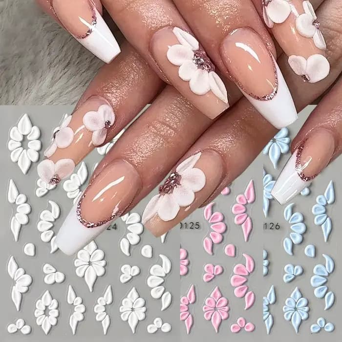 Autocollants pour ongles en forme de fleur en relief 5D, motifs élégants de pétales blancs, roses et