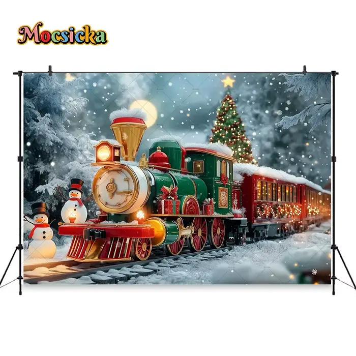 Photographie de fond de train coloré de Noël, cadeau de stand de toile de fond, photo d'anniversaire