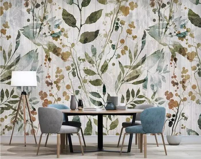 Papier peint personnalisé moderne minimaliste avec feuilles jaunes et vertes, pour murs de chambre à