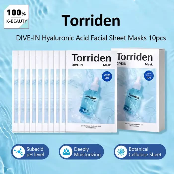 Masques faciaux en feuille d'acide hyaluronique Torriden DIVE-IN, 10 pièces, fins et conformes à la