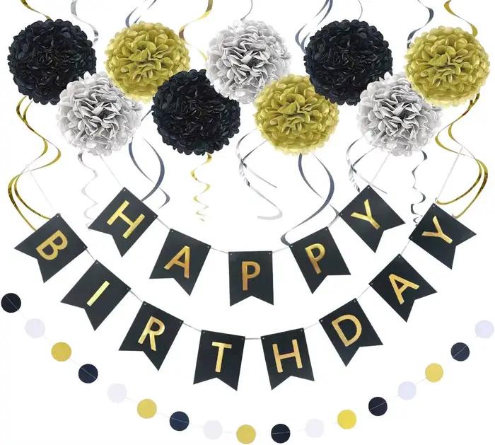 Black Gold Birthday Decorations, Pack of 20 | Happy Birthday Banner, Tissue Paper, Swirls, Garland