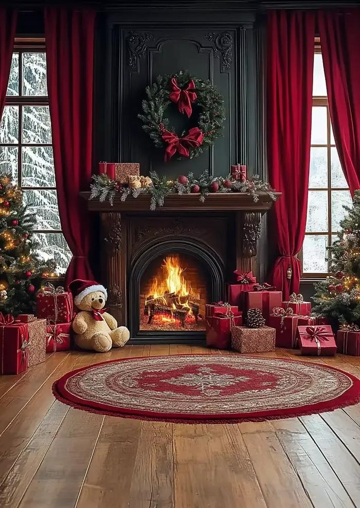 Noël maison fond photographie fenêtre cheminée plancher en bois cadeau arbre ours enfants bébé Photo