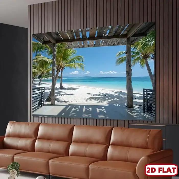 Murale murale de plage avec un palmier tropical - papier peint auto-adhésif, fond réaliste de scène marine, avec eau couleur jade