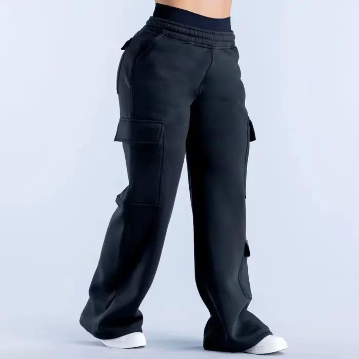 Pantalon de travail américain décontracté pour femme, taille basse, ceinturé, coupe droite, jambe large, couleur unie, plusieurs poches