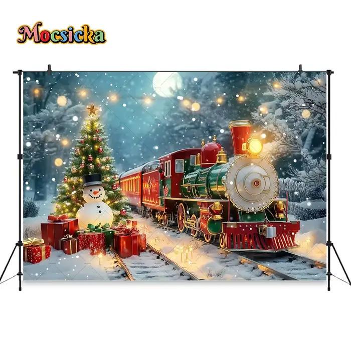 Photographie de fond de train coloré de Noël, cadeau de stand de toile de fond, photo d'anniversaire, réveillon du Nouvel An, bonhomme de neige, arbre de Noël, enfants, hiver