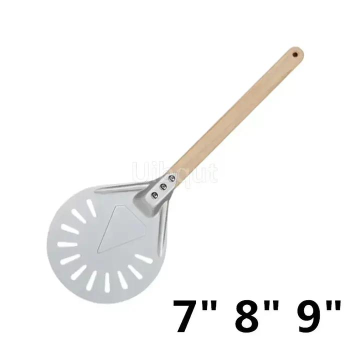 Petite palette à Pizza tournante, outil rond court, manche en bois antidérapant, pelle à Pizza perforée en aluminium de 7 8 9 pouces