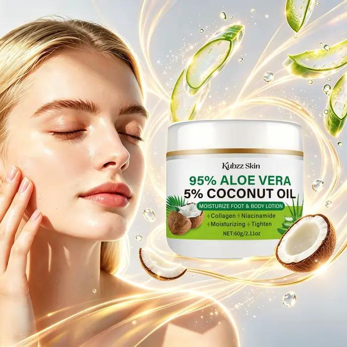 Crème hydratante à l'aloe vera et à la noix de coco, contenant du collagène, de l'acide hyaluronique et de la niacinamide, hydrate en profondeur.