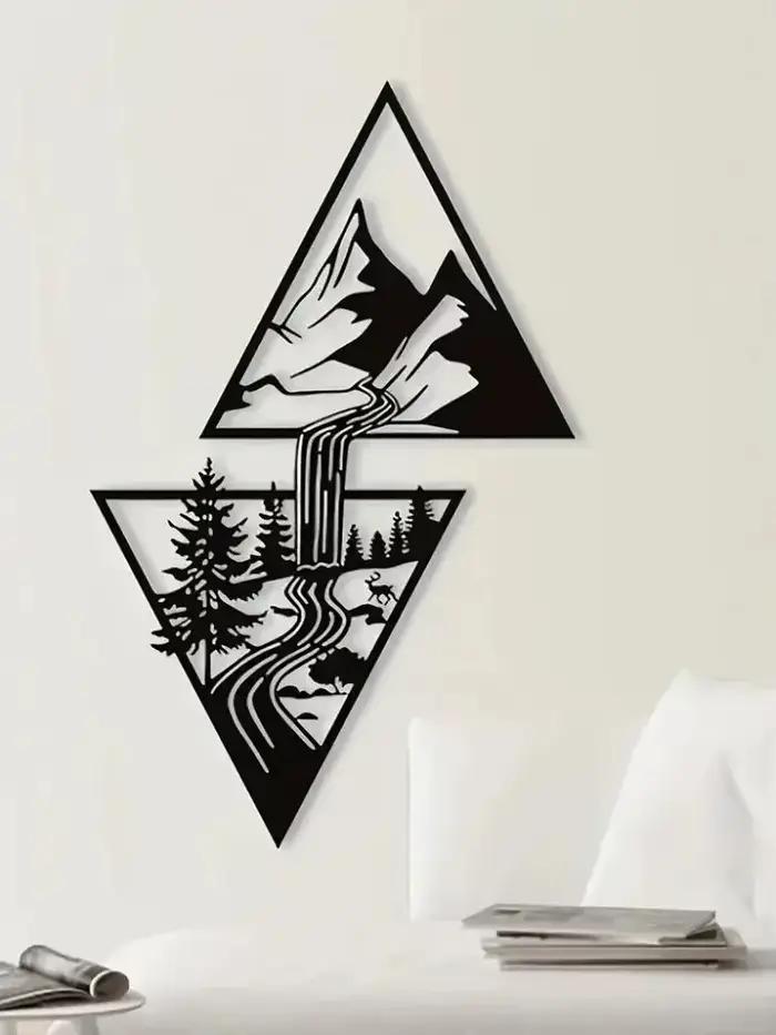 Décoration murale géométrique triangulaire pour salon, maison, bureau | Décoration murale moderne et cadeau : Art mural en métal Paysage Montagne