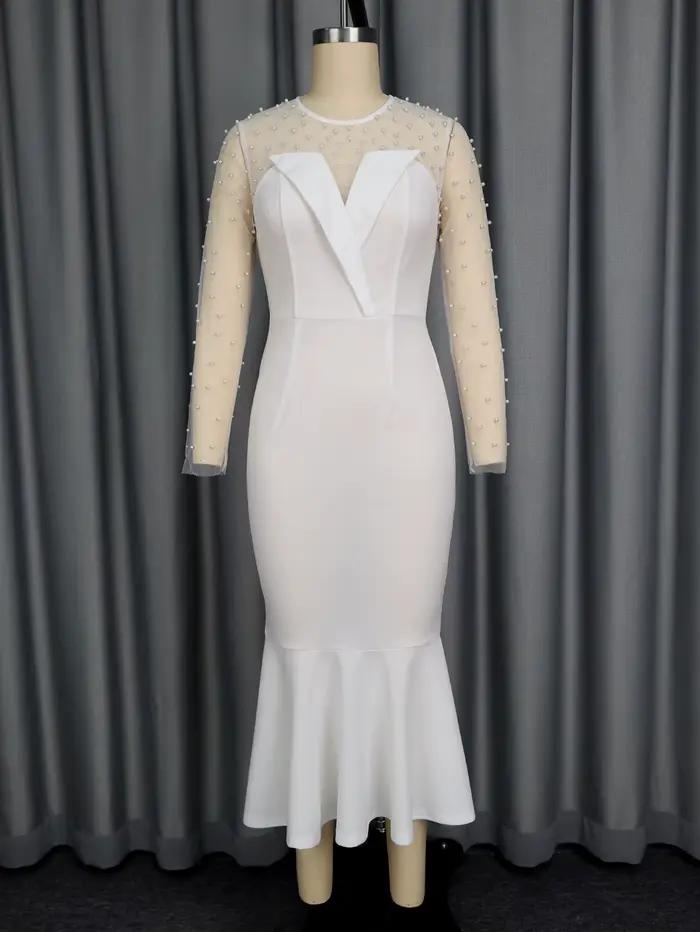 Robes de soirée blanches pour femmes, col rond, manches perlées, coupe cintrée, sirène, volants, soirée, Cocktail, invité de mariage, robes mi-longues, nouvelle collection