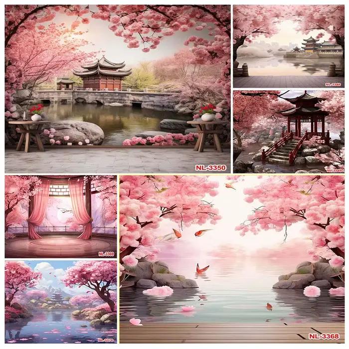 Fond de photographie thème japonais Sakura rose, anniversaire adulte, décor de portrait de mariage, arrière-plan de studio photo