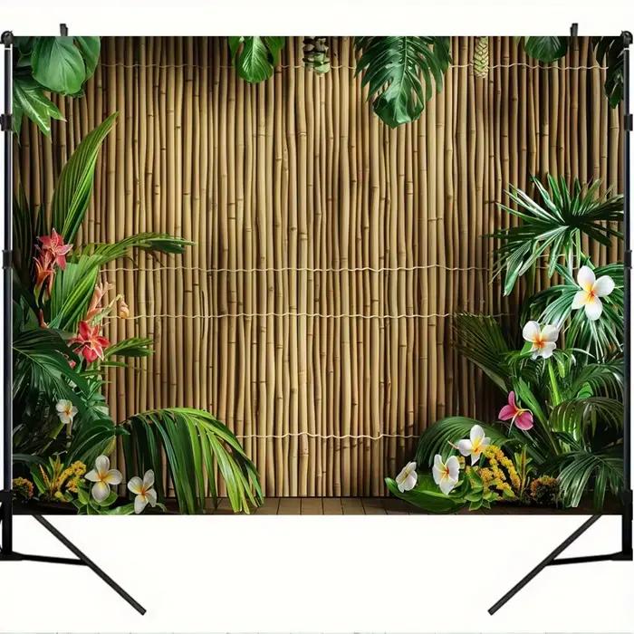 1 fond mural en bambou tropical avec feuilles de palmier et fleurs d'hibiscus - Fond de photographie de plage hawaïenne