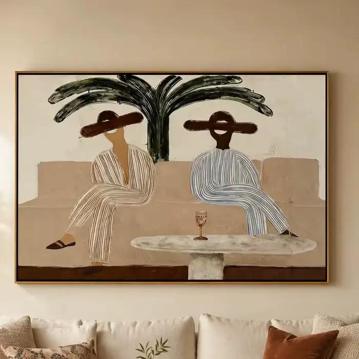 Palm Afternoon – Deux femmes sur un canapé avec peinture sur toile d'un palmier, impression murale, œuvre d'art de décoration intérieure de haute qualité pour la chambre à coucher