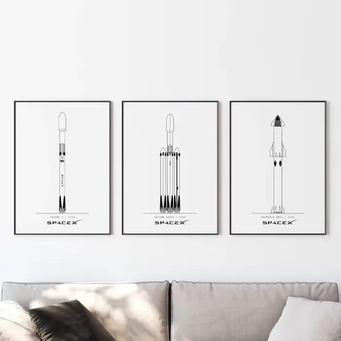 Affiche minimaliste de la NASA et SpacX, dessins de fusées spatiales, peinture sur toile, image d'art mural moderne pour décoration de salon et de maison