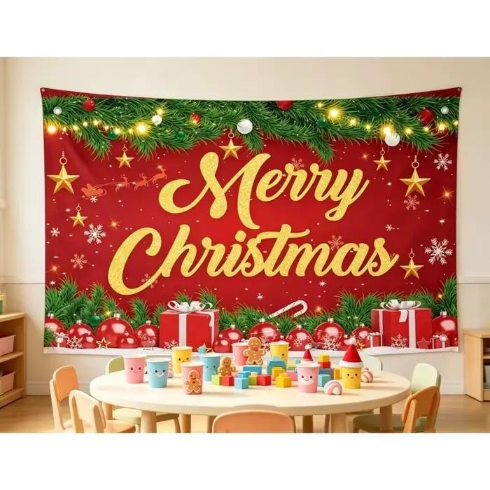 Toile de fond de Noël 150x100cm, bannière de fête, décorations de bonbons, flocons de neige, sapin de Noël, fond photographique pour décoration murale de fête