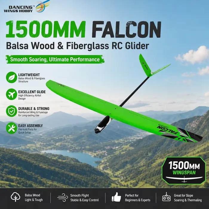 Kit de planeur DW Hobby FG08 Falcon 1500 mm – Planeur EP en balsa/fibre de verre de 59 pouces ARF