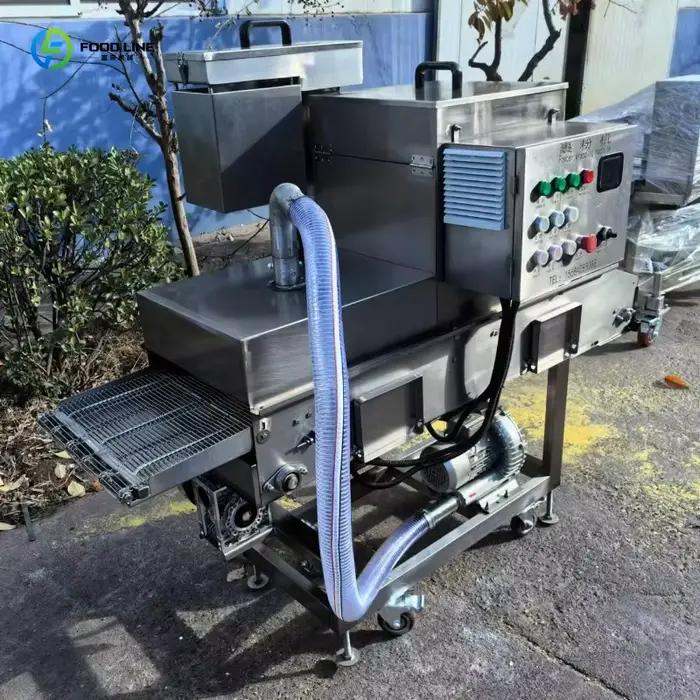 Machine industrielle personnalisée pour la poudrure de poulet, idéale pour les nuggets de poulet, les galettes de poisson et les paniers de pain de mie.