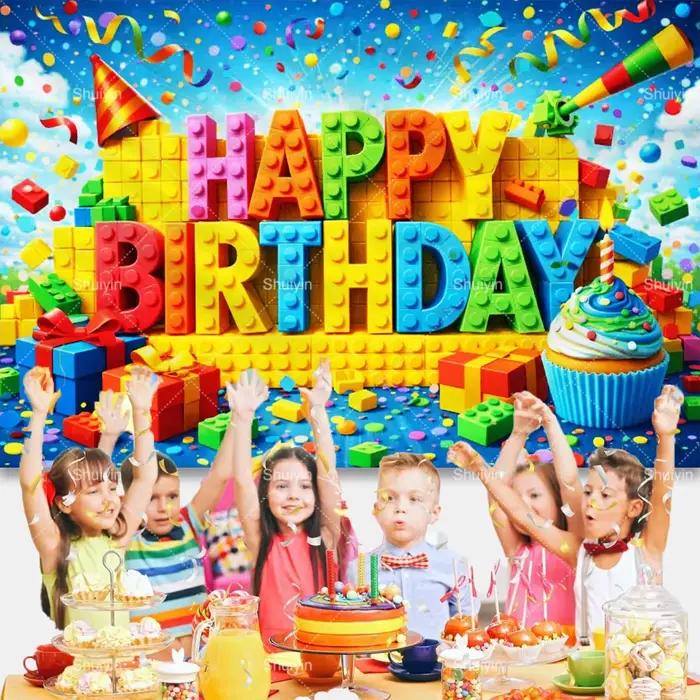 Toile de fond colorée en blocs de construction pour décorations d'anniversaire d'enfants, fournitures de fête, décorations de baby shower, bannière, fond de photographie, cadeaux