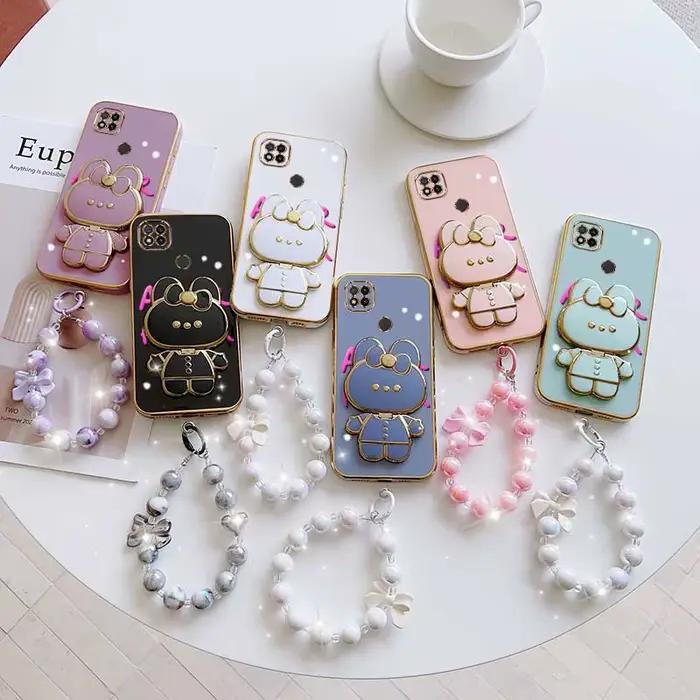 3 pièces (coque de téléphone à fleurs mignonnes + cordon + support lapin) pour Redmi 9i/9 Prime/9AT/9A Sport/9A/8/9/9 (Inde)/9C NFC/9C