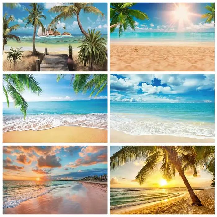 Fond de photographie de plage avec palmiers tropicaux, pour mariage estival, anniversaire de bébé, fête prénuptiale, studio photo