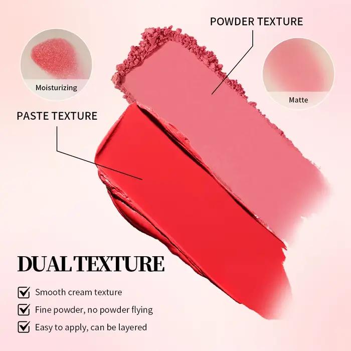 Crème & poudre Blush Duo longue tenue finition mate et rosée haute pigment rose bonbon pêche