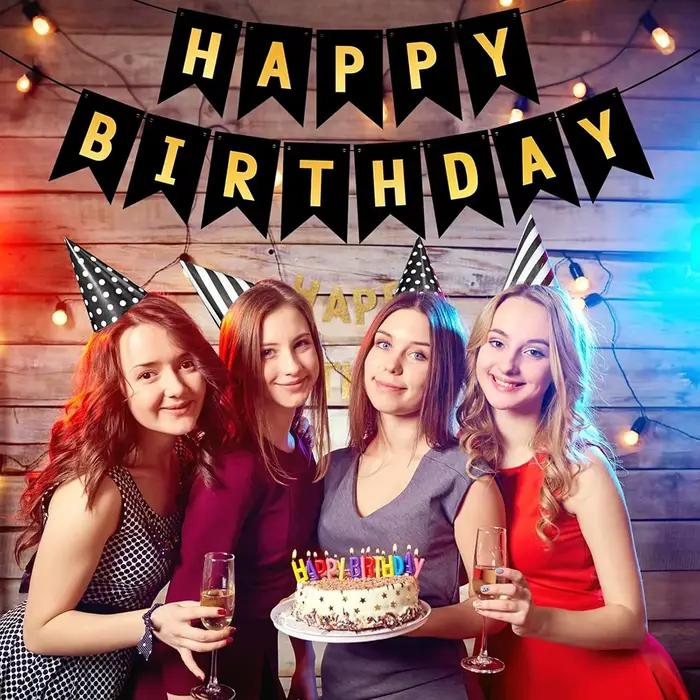 Bannière Joyeux Anniversaire Noir Blanc Rose Bleu pour Fête d'Anniversaire Garçon Fille, Décoration DIY, Fournitures pour Fond Photo de Fête à Domicile
