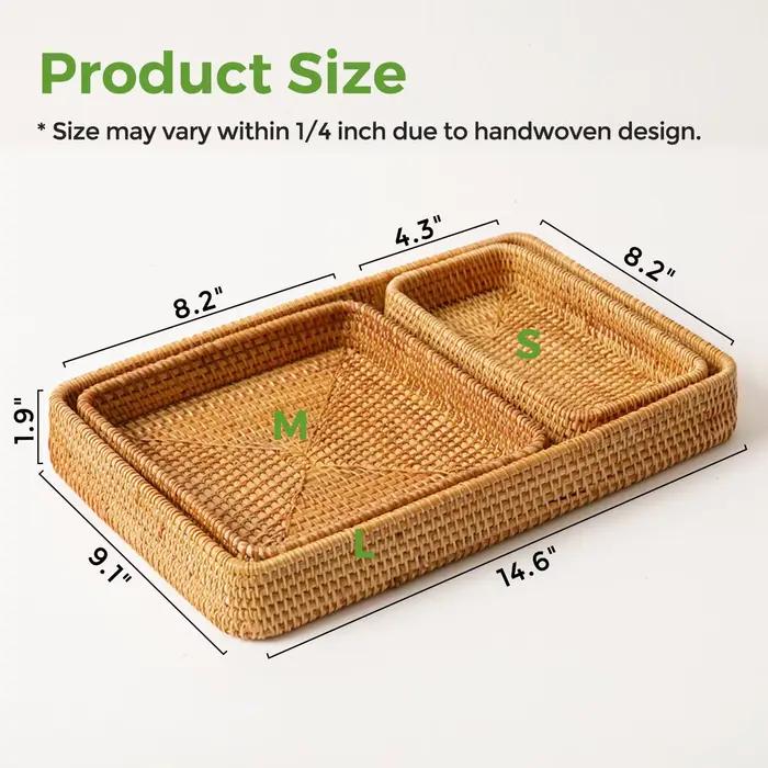 Plateau de service en rotin, panier rectangulaire, paniers de rangement et d'organisation en osier, plateau décoratif tressé naturel pour la décoration intérieure