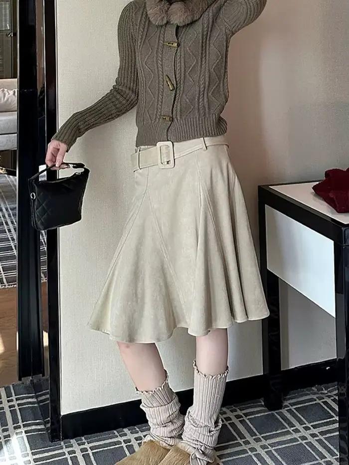Jupe trapèze amincissante taille basse pour femme, coupe ample et fluide, idéale pour l'hiver